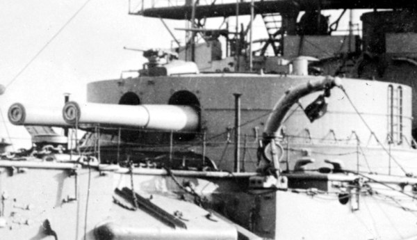 The forward 13.5-inch (343-mm) gun turret on Hood