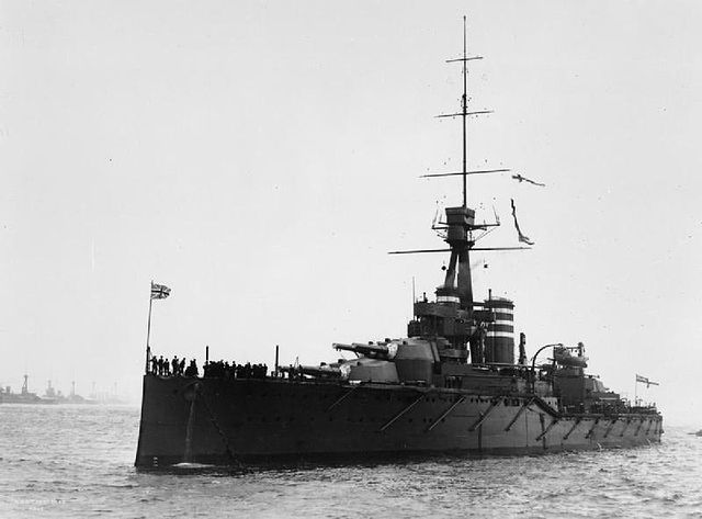 Thunderer at Spithead, late 1912; the gunnery director is barely visible.