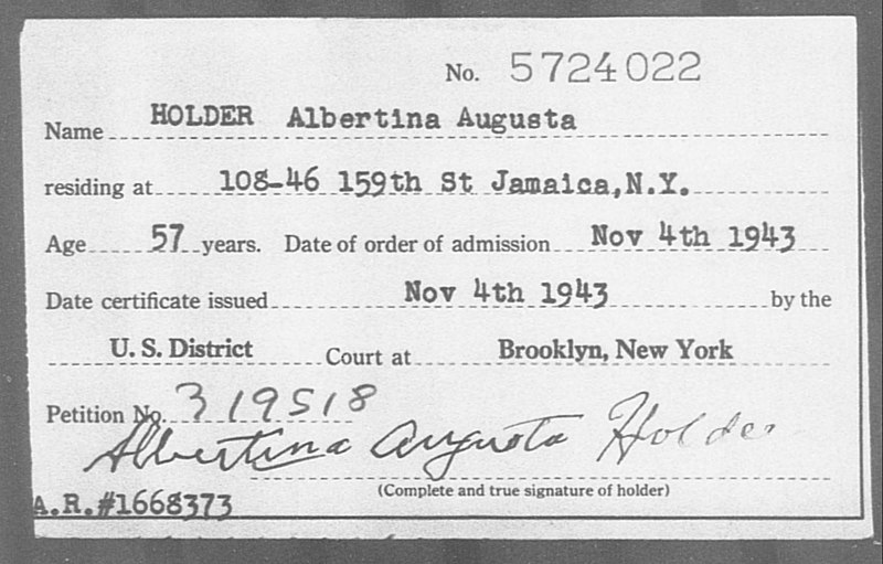 File:HOLDER Albertina Augusta - Born- (BLANK), Naturalized- 1943 - DPLA - 035472bf3ce3be582512646a2ae95bf2.jpg