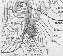 Hurricane Hazel, here shown making landfall in the Carolinas, quickly went north and stalled over Toronto as a result of merging with a slow cold front and an area of high pressure to the northeast that produced torrential rains on the city. Hazel.gif