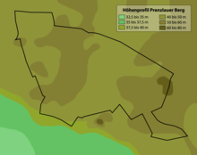 Höhenprofil Prenzlauer Berg. Die 60–80 Meter hohen Erhebungen sind die nach 1945 aufgeschütteten Trümmerberge der Volksparke Friedrichshain (unten mittig) und Prenzlauer Berg (rechts)