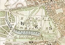 Hyde Park c. 1833: Rotten Row is "The King's Private Road" Hyde Park London from 1833 Schmollinger map.jpg