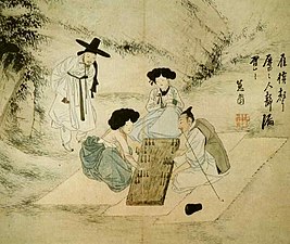 Players and observers alike absorbed in a Ssangryuk game during the Joseon era.