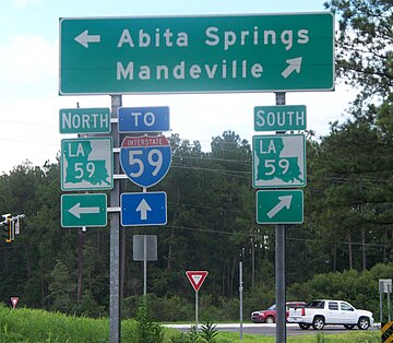 This sign tells motorists that LA 59 goes to Mandeville and Abita Springs, but that motorists wanting I-59 (some 20 miles farther east) should continue straight onto I-12 eastbound. I-12 eastbound ramp at LA 59 Clarification for I-59.jpg