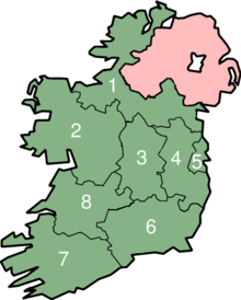 The eight former Regional Authorities of Ireland:
1. Border Regional Authority
2. West Regional Authority
3. Midlands Regional Authority
4. Mid-East Regional Authority
5. Dublin Regional Authority
6. South-East Regional Authority
7. South-West Regional Authority
8. Mid-West Regional Authority IRL Regions.png