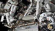 Thumbnail for File:ISS-59 EVA-3 Anne McClain and David Saint-Jacques work outside the ISS.jpg