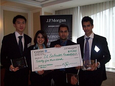 Winners of the JP Morgan Global Good Venture Competition 2009 in New York City: Adam Yang, Feroza Kassam, Raz Jabary, Mohammad Mahbub (l-r). JPMorganGoodVenture2009.jpeg