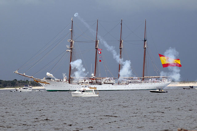 Juan Sebastian de Elcano, a Spanish tall ship, initiates a 21-gun salute in honor of the city of Pensacola's 450th anniversary in 2009.