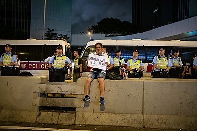 示威人士坐在路壆展示標語