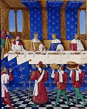 Un banquet organisé par Charles V de France en l'honneur de l'empereur Charles IV de Luxembourg dans la Grande Salle (1378).