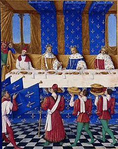 A banquet hosted by Charles V of France in honour of Emperor Charles IV of Luxembourg in the Great Hall (1378)