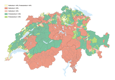 Distribution of denominations in Switzerland in 2008 (green: Protestant, red: Catholic)