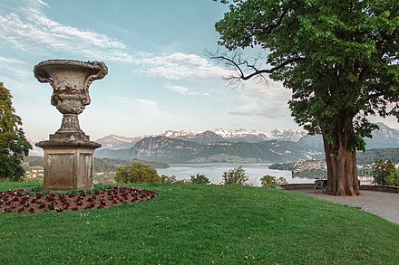 View to the Alps and Lake Lucerne from Park Dreilinden in Lucerne