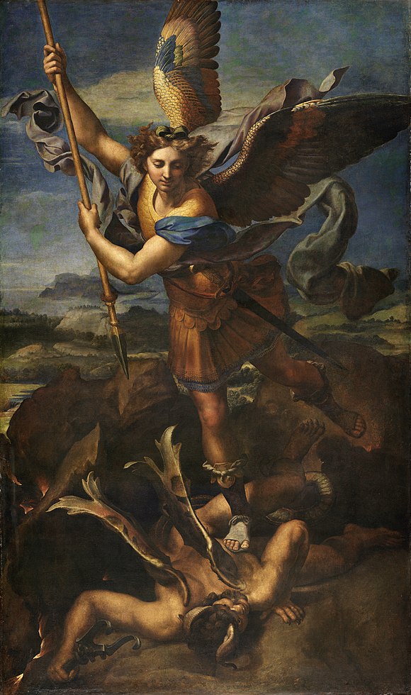 St. Michael Vanquishing Satan (1518) by Raphael, depicting Satan being cast out of heaven by Michael the Archangel, as described in Revelation 12:7–8