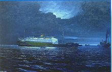 Munster mined approaching Liverpool, 2 Feb 1940, all 250 aboard survived (one died later). Oil by Kenneth King National Maritime Museum of Ireland MVMunster.jpg