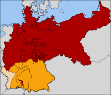 Map of the North German Confederation (red), the Southern German States (orange) and Alsace-Lorraine (tan). Map-NDB.svg