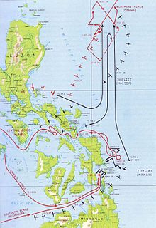 Movements of American forces (in black) and Japanese forces (in red) during the Battle of Leyte Gulf Map of Battle of Leyte Gulf.jpg