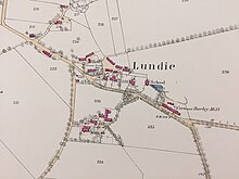 Map of Lundie (1863). 25.344 inches to one mile. NO 2901 3662 * X/Y co-ods: 329016, 736620 * Lat/Log: 56.51,-3.15. Height: 178.2m. . Map of Lundie 1880.jpg