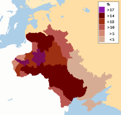 The density of the Jewish settlement in the Moshav in 1905 Map showing percentage of Jews in the Pale of Settlement and Congress Poland, c. 1905.png