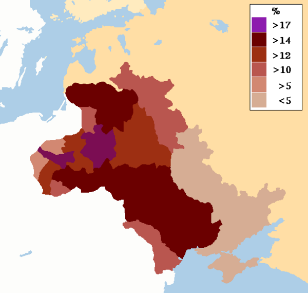 ユダヤ教徒居住区（英語版）およびロシア帝国領ポーランド内のユダヤ人分布図（数値は百分率（%）、1905年）