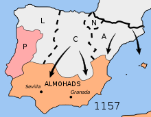Extent of the Reconquista into Almohad territory as of 1157. Mapa reconquista almohades-en.svg