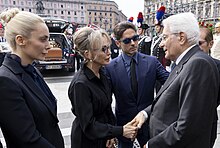 President Sergio Mattarella with Marta Fascina, Marina Berlusconi, and Pier Silvio Berlusconi Mattarella al Funerale di Berlusconi.jpg