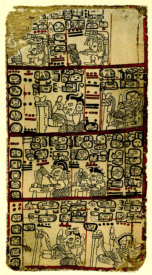 PAGE 102 OF THE CODEX TRO-CORTESIANO, SHOWING TONALAMATLS IN THE LOWER THREE SECTIONS