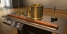 Historic Dutch replicas of metric standards in the collection of Rijksmuseum, Amsterdam: iron metre with case constructed by Etienne Lenoir in 1799, copper grave kilogram with case (1798), copper volume measures (1829) Metric standards Rijksmuseum.jpg