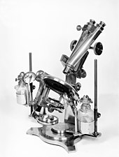 Microscope described as "modern" in 1888. Microscope described as "modern" in 1888. Wellcome M0010952.jpg