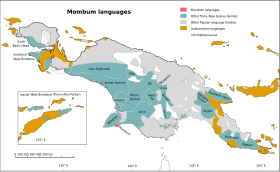 Uuden Guinean mombum-kielten alue, kartalla punainen.