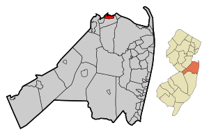 Location of Union Beach in Monmouth County highlighted in red (left). Inset map: Location of Monmouth County in New Jersey highlighted in orange (right).