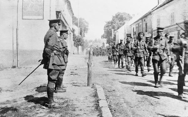 Major-General Charles Monro, with Colonel Neill Malcolm, inspecting troops of the 2nd Division on the march on the Western Front at some point in 1914