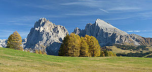 The Plattkofel (right, easily recognizable by its flat flank) with the other mountains of the Langkofel group