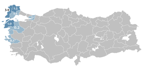 Percentage of speakers of Pomak language as first language according to the 1965 Turkish Census (considered unreliable) excluding second degree-speakers, Bulgarian language-speakers and similar categories