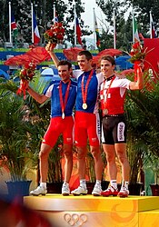 Mountain biking at the 2008 Olympic Games - Men's cross-country podium (2).jpg