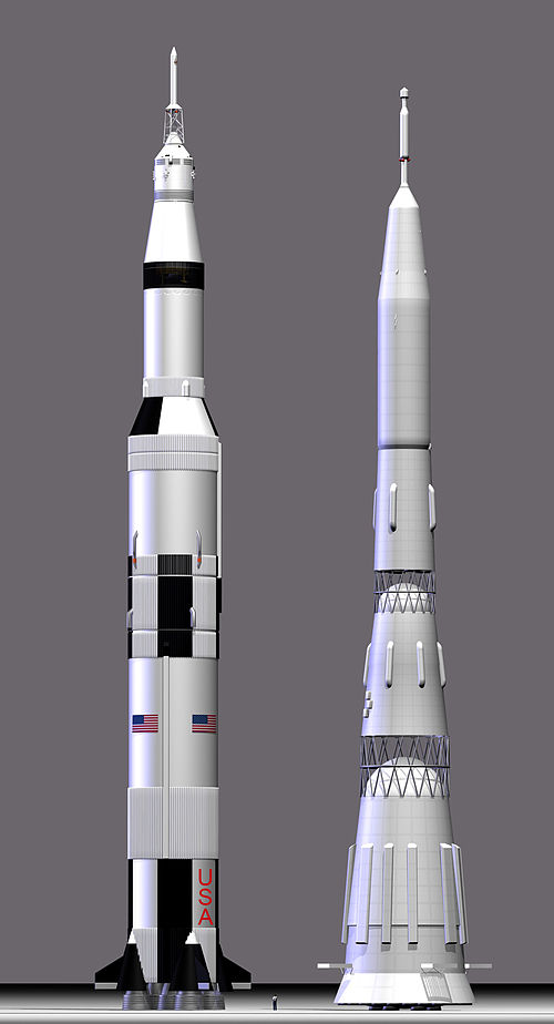 A comparison of the US Saturn V rocket (left) with the Soviet N1/L3. Note: human at bottom illustrates scale
