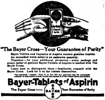 alt= "The Bayer Cross—Your Guarantee of Purity" Bayer-Tablets and Capsures of Aspirin contain genuine Aspirin. An unmarked white tablet is an unknown quantity. Therefore—for your additional protection—every package and every tablet of genuine Bayer-Tablets of Aspirin is marked with The Bayer Cross. Learn how to distinguish them—familiarise yourself with the Bayer Cross. Look for it on the tablets themselves. The trademark "Aspirin" [Reg. U.S. Pat. Off.] is a guarantee that the (illegible text) in these tablets and capsules is of the reliable Bayer manufacture.