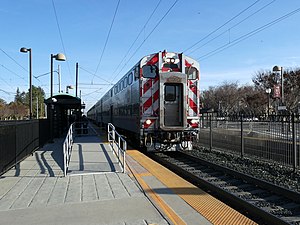 Northbound Caltrain local at Mountain View station, February 2022.JPG