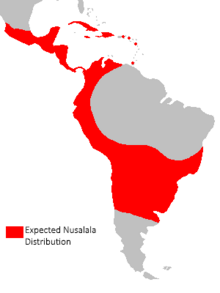 Yağmur ormanları ve bozkırlarla sınırlı Nusalala'nın menzilini gösteren Güney Amerika, Orta Amerika, Meksika ve Karayipler haritası