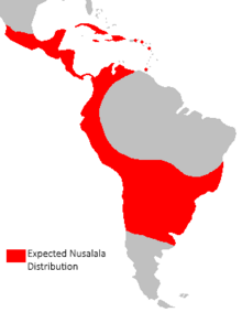 Karte von Südamerika, Mittelamerika, Mexiko und der Karibik mit der Reichweite von Nusalala, begrenzt durch Regenwald und Steppen