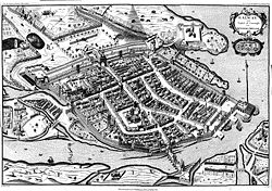 A 1651 map of Galway, the River Corrib, Fort Hill, and the Claddagh around the time of the Irish Confederate Wars Old-Galway.jpg