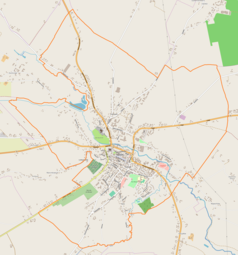 Mapa konturowa Opatowa, blisko centrum na dole znajduje się punkt z opisem „Podziemia Opatowskie”