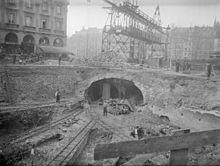 Cut-and-cover construction at Saint-Michel on Paris Metro Line 4 (c. 1910) Paris Metro construction 03300288-3.jpg