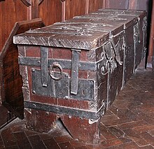 Parish chest, Mathon Church, near to Mathon, Herefordshire, Dated 1698, but understood to be much older. Parish chest, Mathon Church - geograph.org.uk - 869923.jpg