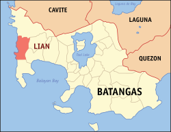 Mapa han Batangas nga nagpapakita kon hain nahimutang an Lian