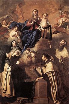 Our Lady of Mount Carmel and Saints (Simon Stock, Angelus of Jerusalem (martyred and kneeling), Mary Magdalene de'Pazzi, Teresa of Avila), 1641 (Museo Diocesano, Palermo).