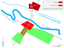 ein Diagramm, das die geografischen Ausdehnungen eines Dorfes mit einem Farbcode darstellt