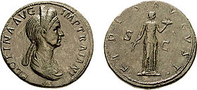 Monnaie romaine (env. 105–117 apr. J.-Chr.), représentant l’impératrice Plotine côté face, et l'allégorie de Fides et ses attributs (l’épi de blé et la corbeille de fruits).