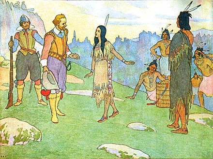 The story of Pocahontas was simplified and romanticized by later artists and authors, including Smith himself, and promoted by her descendants, some of whom married into elite colonial families.[4]