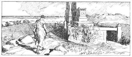 Ilustracja — człowiek idący drogą w kierunku grobowca.